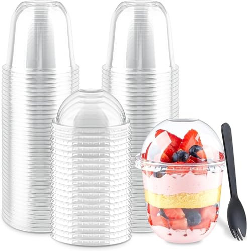 LATERN 50 Pezzi Bicchieri da Dessert in Plastica con Coperchi a Cupola, 360ml Tazze da Dessert Rotonde Coppa Trasparente per Antipasti Parfait Ciotola da Portata Riutilizzabile con Sporks