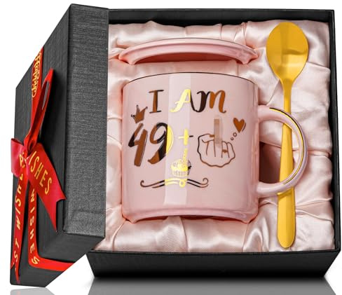 Funny 50th Birthday Gifts for Women, Friendly Joke Birthday Celebration Mug | 14oz Pink Marble Ceramic Gold Print Coffee Cup, Gift for Her Turning 50 Years Old, with Lid, Greeting Card, Nice Gift Box