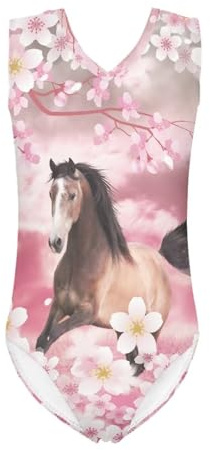 TOADDITDO Cherry Blossom Horse Gymnastics Leotards for Toddler Girls One-Piece Dance Ballet Outfits Sleeveless Bodysuits