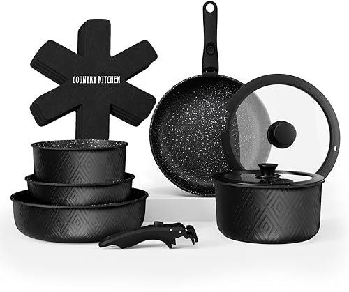 Country Kitchen Cookware Set with Removable Handle, Oven & RV Safe Pots and Pans Set, Black Rhombus, Original