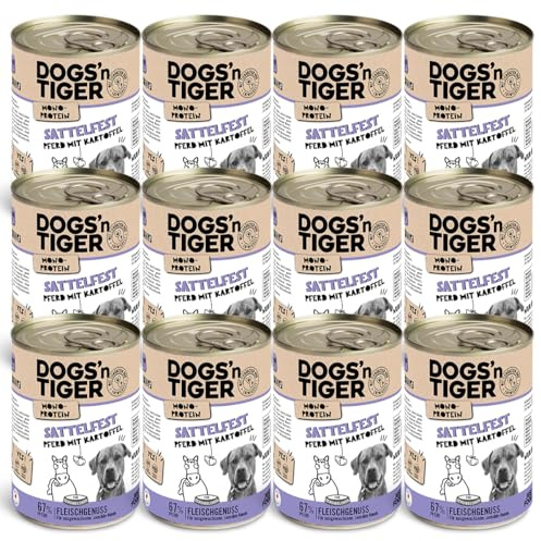 Dogs'n Tiger Sattelfest Nassfutter Hund, Pferd & Kartoffel, 12x 400g | Hundefutter nass, Monoprotein, hypoallergen, getreidefrei, ohne Zuckerzusatz, gut verträglich, Pferdefleisch
