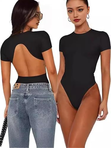 Hanaoops Body à Manches Courtes pour Femme Élégant Col Rond Bodysuit Sexy Dos Nu Bodycon Une Pièce Bodys T-shirt Top Casual Stretch Justaucorps Body Suits Clubwear