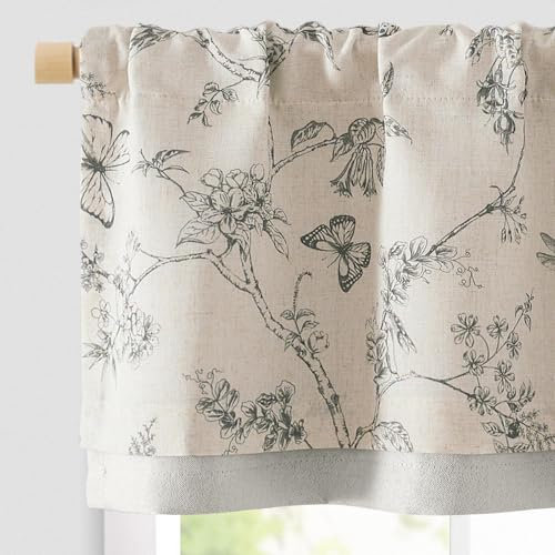 TOPICK Cortina Corta para Cenefa Doble Capas Patrones de Mariposas y Flores con Bolsillo para Varilla Translúcido Aptas para Cocina Bistro Casa Campo Salón Lino Gris Juego de 1 Unidad 125 x 40 cm