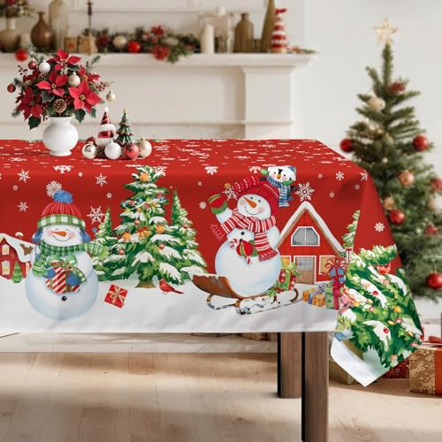 Arquiel Weihnachten Schneemann Tischdecke Polyester Rechteckig 140 x 180 cm | Waschbare Polyester-Tischdecke mit Schneemann-Motiv, wasserabweisend und pflegeleicht für Küche, Esszimmer, Feste und Feiern.