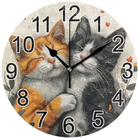 Mnsruu Wanduhr mit braunen und schwarzen Katzen, geräuschlos, batteriebetrieben, rund, dekorativ für Wohnzimmer, Schlafzimmer, Badezimmer, Heimbüro