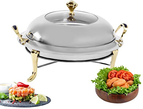 3 L Chafing Dish, calentador de alimentos de acero inoxidable con tapa, soporte de combustible, robustos y elegantes sistemas de mantenimiento del calor para bufé, catering y barbacoas (dorado)