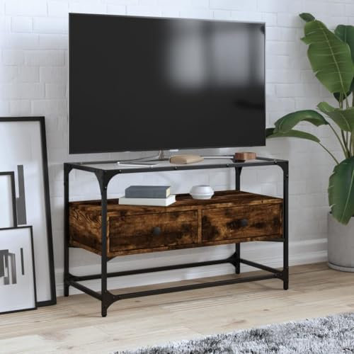 Homgoday TV-Schrank aus Glas, Eiche Rauch, 80 x 35 x 51 cm, mehrschichtiges Holz, TV-Möbel, TV-Schrank für Wohnzimmer, industrielle TV-Ständer