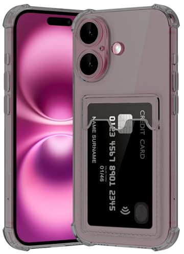 ÁRBOLORO Kartenfach Hülle für iPhone 16, Transparent Silikon TPU Handyhülle mit Kartenhalter, Ultra Dünn Weiche Stoßfest Flexibel Handy Tasche Case Schutzhülle - Schwarz