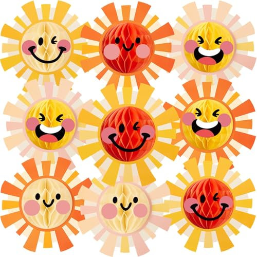 Easy Joy Boho Sunshine Party Decor - 12Pcs Honeycomb Sun Tissue Pom Poms Hanging Decor for Summer Events