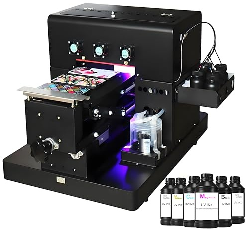 A4 Drucker UV Halbautomatisch Multifunktionaler Printer A4 UV Tintenstrahl-Multifunktionsgeräte Schwarz,für Telefonhüllen,Metall,Holz Druck Enthält Tinte