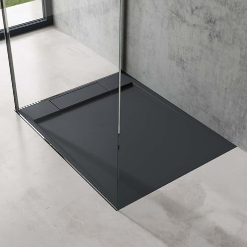 doporro Duschtasse Duschwanne 80x90x4 flach Mineralguss in Anthrazit inkl. Ablaufgarnitur AL06 DIN-Anschlüsse für bodenebene Montage geeignet Geoma04