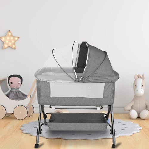 Kedia Babybett, Kinderbett mit Moskitonetz, Kinderreisebett mit Rollen, Babybetten Babywiege, Beistellbett (A-Grau)