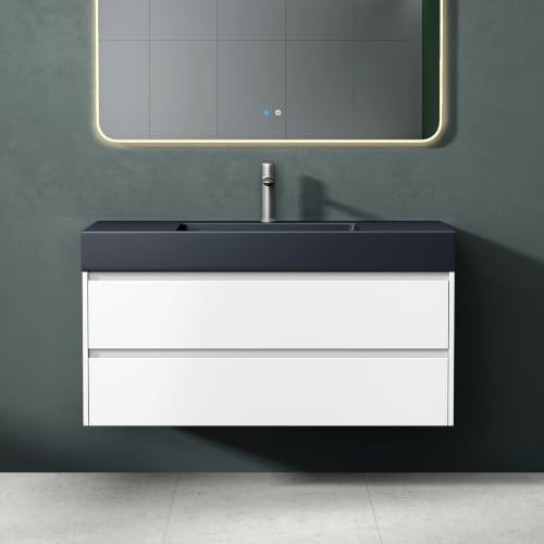 Mai & Mai Waschtisch mit Unterschrank Waschbeckenunterschrank 120x48x63cm | Badmöbel-Set mit 2-Schubladen in Weiß matt inkl. Waschbecken Anthrazit Deep