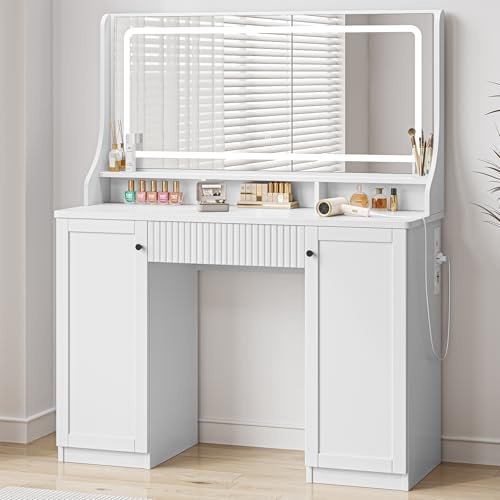 Dripex Schminktisch mit 3 Farben LED-Spiegel und einstellbarer Helligkeit, Schminktisch mit Mehrfachsteckdose, 1 große Schublade und 2 seitliche 3-Etagen-Schränke, Kosmetiktisch 110 x 40 x 135 cm