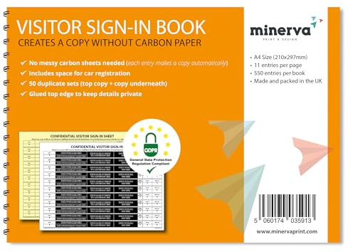 Confidential Visitor Sign-In Book with Car Registration – GDPR Compliant A4 Carbonless Duplicate Logbook - Pack of 4