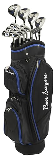 Ben Sayers M8 13-teiliges Golf-Paket-Set, komplettes Herren-Set, volle 12 Schläger aus Graphit/Stahl, mit Cart-Tasche, Driver, Holz, Hybrids, Eisen, Wedges und Putter (rechte Hand, Schwarz/Blau)
