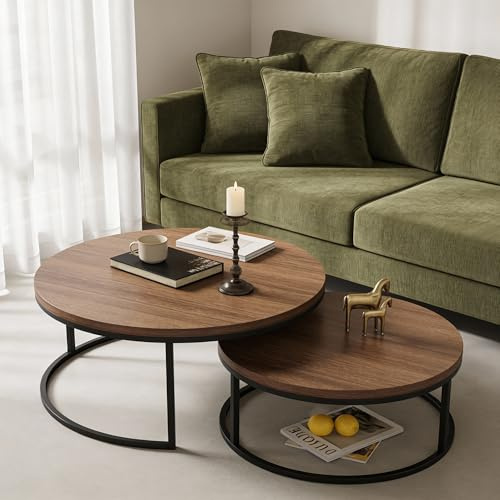 LumivoxNest Modern Nesting Coffee Tables Set of 2, Round Walnut Wood Top with Black Metal Frame, Contemporary Living Room Tables