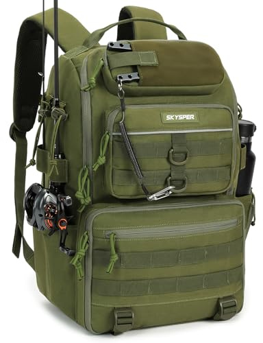SKYSPER Zaino da Pesca 40L,Borsa Pesca con Cinghia Imbottita Zaino Tattico Militare Molle