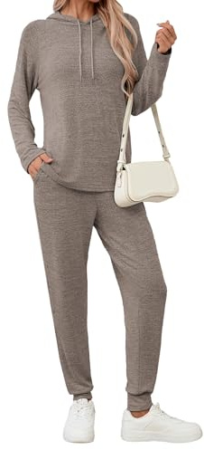 Famulily Winter 2 Piece Outfits Women Lounge Wear Sets Long Sleeve Tracksuits Set with Two Side Pockets Coffee L
