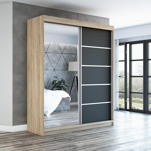 A&J MöbelLand Schwebetürenschrank GAPI Kleiderschrank 2-türig mit Spiegel, Garderobe 180 cm (Sonoma/schwarz/schwarz)