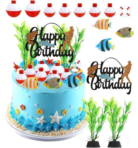 Fishing Cake Topper, 14PCS Fishing Birthday Decorations | Fisherman Cake Decorations, Fisherman Themed Party Supplies for Birthday Party