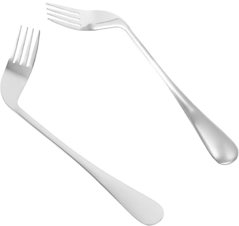 Tenedor para Comer en Ángulo de Acero Inoxidable, 2 Piezas | Plata, Mango Curvo Cómodo, Uso Diario y Cumpleaños, para Personas Mayores