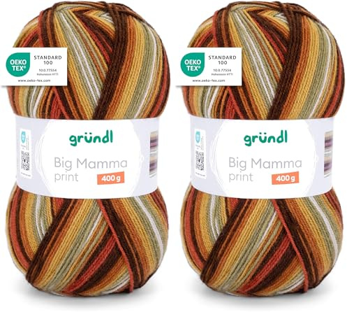Gründl Wolle Big Mamma Print - XXL Wolle zum Stricken mit Farbverlauf - Weich und hautfreundlich - 100% Polyacryl - 1 Knäuel 400 g / 1040 m - Nadelstärke 3,5-4,5 - senf-kürbis-kupfer-rehbraun-moos