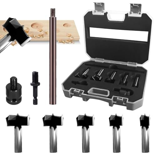 techextra Juego de brocas Forstner de Ø 15-20-25-30-35 mm, juego de brocas Forstner para madera, juego de brocas para madera, para tableros de fibra y aglomerado, con varilla de 150 mm y 2 conectores