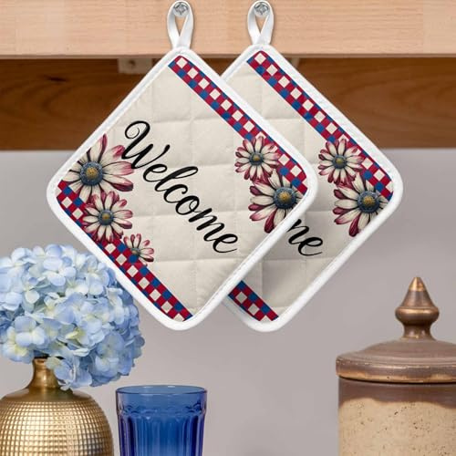 Pot Holders Set of 2, Watercolor Daisy Red Blue Plaid Potholder for Kitchen Heat-Proof Hot Pads, Independence Day Flower on Flax Hot Mats Potholders for Cooking Baking BBQ