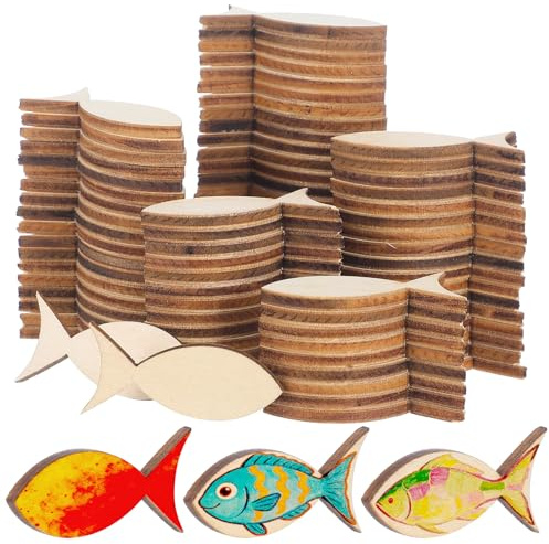 PACKOVE 200pcs Wooden Fish Slices Solid Basswood Cutouts 40x19mm Unfinished Animal Wood Chips for DIY Crafts Hanging Ornaments Home Decor