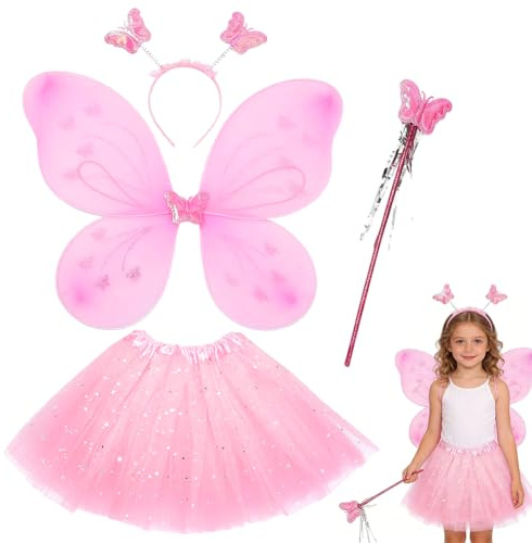 FCXVXCL Ailes Papillon Déguisement Fée Papillon Ailes Fée Enfant Déguisement Princesse Fille Baguette Magique Ailes Serre Tête et Tutu pour Enfants Carnaval Cosplay Party