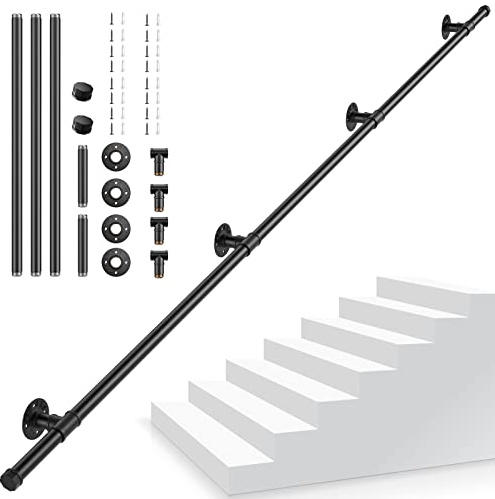 Corrimano Scale, 3M Passamano Scale Nero, corrimano per scale interno con Tubo in Acciaio Zincato Industriale Antiscivolo Antiruggine, Ringhiera per Scale Interne per Cucina Bagno Giardino