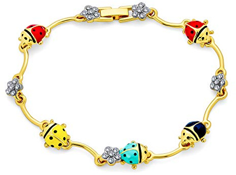 Bling Jewelry Färgglad lycka till trädgård tur nyckelpiga länk berlock armband för kvinnor kristall 14K guldpläterad mässing