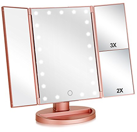 Flymiro Tri-fold Lighted Vanity Makeup Mirror with 3x/2x Magnification,Light up Mirror for Makeup,Touch Screen 21 LEDs,180° Rotation Countertop Cosmetic Mirror,Gifts for Women Mom Teen Girls