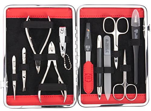 DREI SCHWERTER Germany Maniküreset ´Fano` Nagelset mit Nagelschere, Hautschere, Nagelzange und vielem mehr - 11-teilig im stabilen Rahmenetui - rot/Echt LEDER