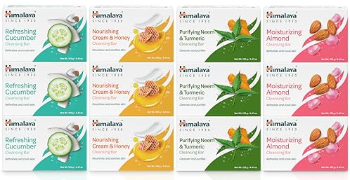 Himalaya Cleansing Bar Soaps Variety Pack, Neem & Turmeric, Almond, Cream & Honey and Cucumber, 4.41 oz, 12 Pack
