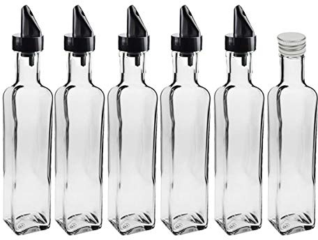hocz Glasflaschen Set mit | 12 teilig | Füllmenge 500 ml | Deckelfarbe Silber | 6 Maras 6 Ausgießer für Dressing Saftflaschen Likörflaschen Setzen Sie ganz einfach Ihr eigenes Öl an