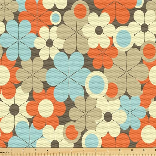 ABAKUHAUS Blommor tyg som metervara, retro enkla blommor, kvalitativt tyg dekorativ stoppning hemtextilier, 2 m (148 x 200 cm), beige och orange