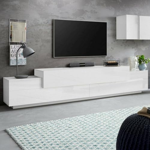 Dmora - Meuble TV Nico, Buffet Bas de Salon, Base pour Meuble TV, 100% Made in Italy, 240x45h52 cm, Blanc Brillant