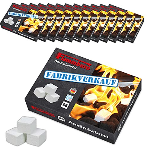 FLAMMBURO | 1152 Stück Anzündwürfel Paraffin (12 x 96 Würfel) vom Deutschen Hersteller, Grillanzünder, Kaminanzünder, Ofenanzünder, Würfel, Anzündwolle, Made in Germany - 12 Schachteln x 96 Würfeln