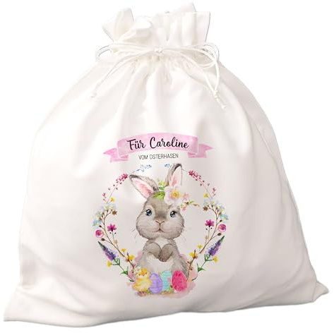 FEENSTAUB Ostersackerl, Ostern Geschenkverpackung Stoff, personalisierbar, Ostersäckchen mit Namen und Text, Geschenkbeutel Ostern, Alternative zum Osterkörbchen, bedruckt mit Osterhasen