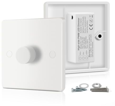 VIPMOON DC 12V 24V LED Dimmer Switch, PWM Push ON/Off Rotary Dimmer, Compatible with Single-Colour LED Strip Lights and Dimmable LED/Halogen/Ceiling Lights for Caravan, Camping, Marine Use, White