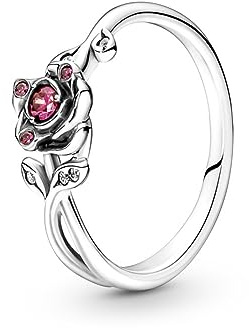 PANDORA Disney Anello de La Bella e la Bestia in argento Sterling rosa con zirconi cubici rossi e trasparenti, 52