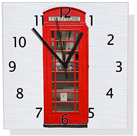 Wallario Design Wanduhr London Rote Telefonzelle aus Aluverbund, Alu-Uhr Größe 30 x 30 cm, Schwarze Zeiger mit Metalloptik