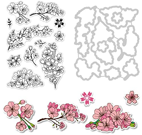 GLOBLELAND Frühling Kirschblüten-Stempel und Stanzformen transparent für Kartenherstellung, Dekoration und DIY Scrapbooking, mentale Stanzformen, Silikonstempel für Geschenke