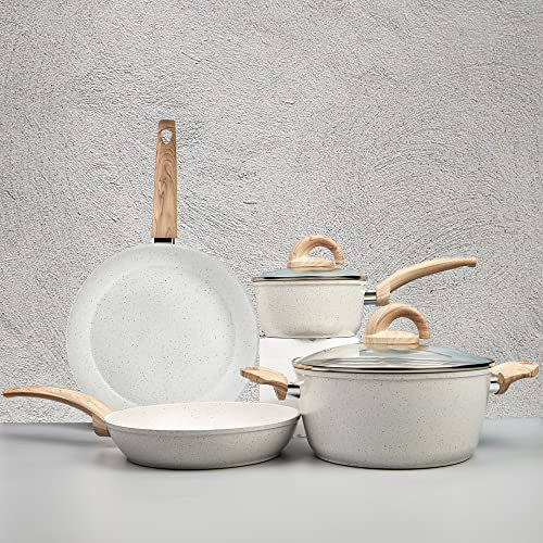 Vkoocy Juego de ollas y sartenes blancas antiadherentes, juego de utensilios de cocina de cerámica con patrón de granito, olla y sartén de inducción con sartenes, cacerolas, cazuela, no tóxico, sin