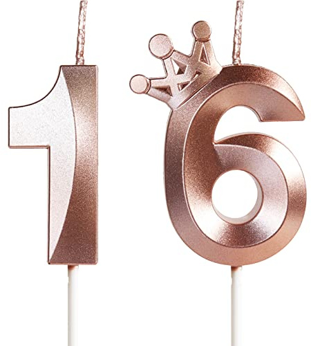 Yiran Geburtstagskerze 16 Zahlenkerze 16 mit Krone, 5cm Roségold Geburtstagskerzen, Kerzen Geburtstag, Tortendeko Geburtstag, Tortendekoration für Mädchen, Erwachsene, 16. Geburtstagsfeier, Jubiläum