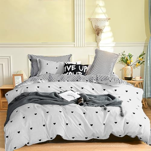 Wotcsil Housse de Couette 135x200 Cœur Noir Imprimé Parure de Lit pour Filles Enfants Linge de Lit Réversible, 1 x Housse de Couette 135x220 cm et 1 x Taie d'oreiller 50x75 cm