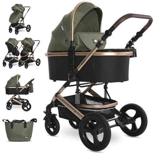Lorelli Kinderwagen Boston 2 in 1, Kombikinderwagen bis 22 kg inkl. Babywanne und Sportsitz, Sportbuggy, Reisebuggy, Baby Buggy klein zusammenklappbar, grün