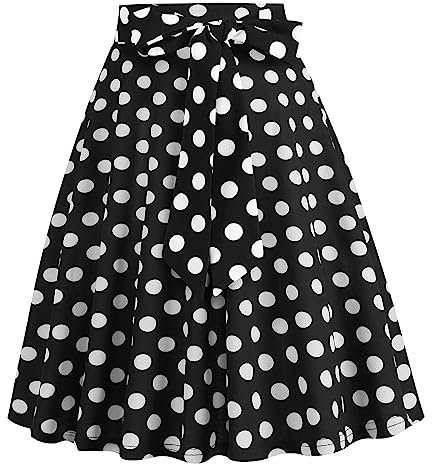 Damen 1950er Jahre Vintage Rock A Linie Faltenrock Hohe Taille Midirock Blumendruck Tellerrock Polka Dot Rockabilly Swing Rock mit G?rtel Knielang Partyrock Schwarz XL